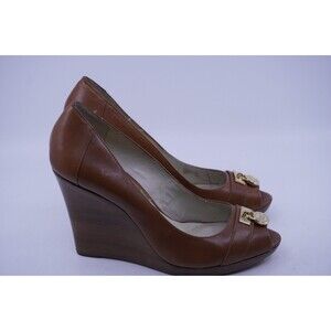 Michael Kors Hamilton Women's Brown Leather 4" Wedge Heel Peep Toe Shoe Sz 10M